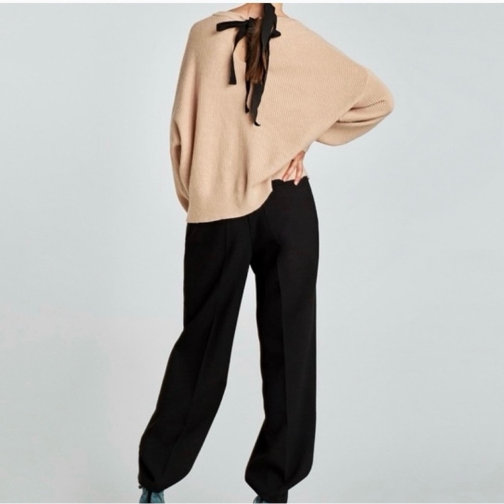 Zara Knit Tie Back Oat Ribbed Semi Crop Sweater GUC
